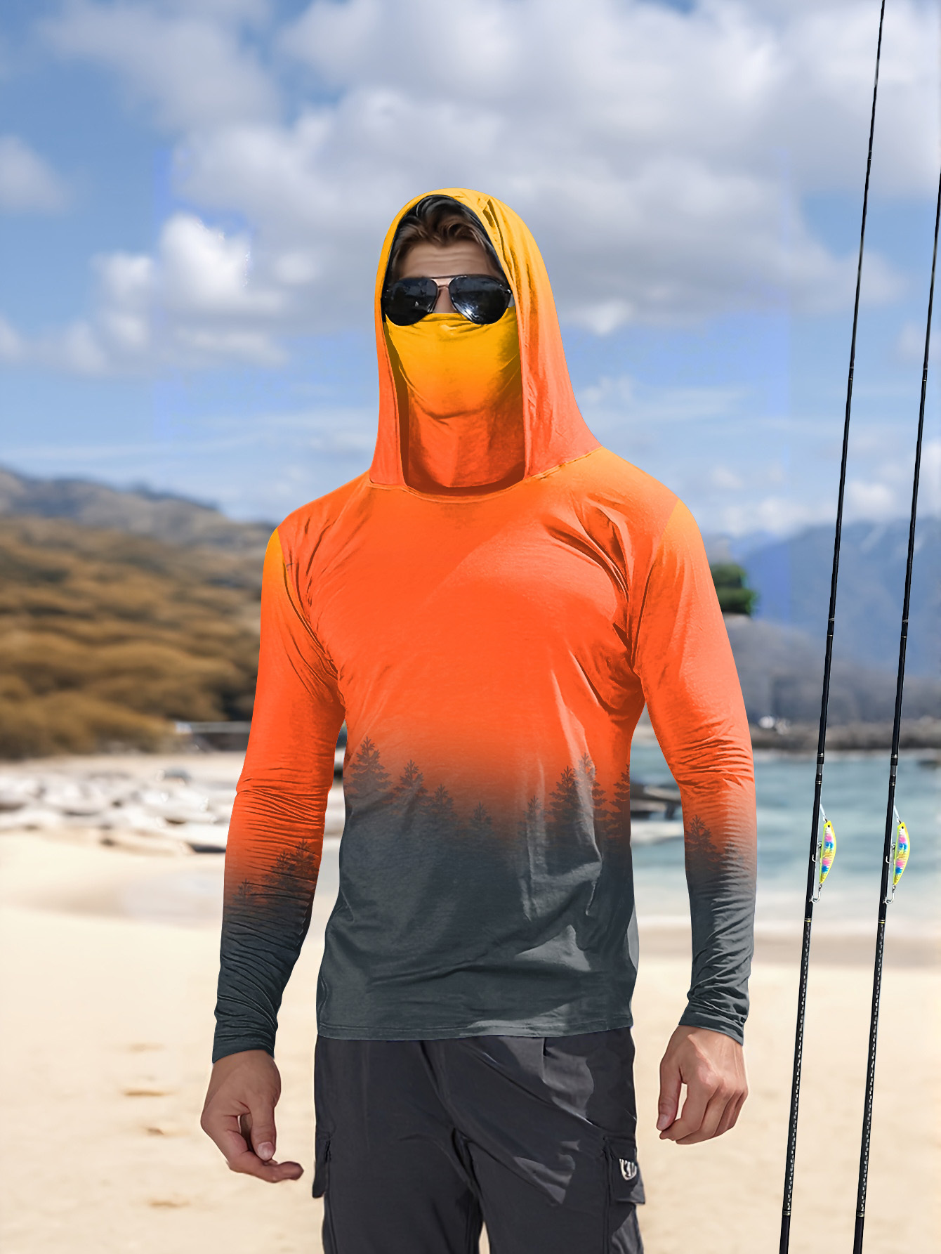 Men's Gradient Forest Printed  - Fishing Hoodie 评论和价格