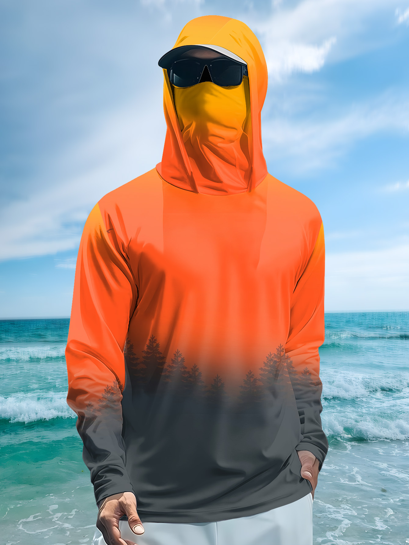 Men's Gradient Forest Printed  - Fishing Hoodie 评论和价格